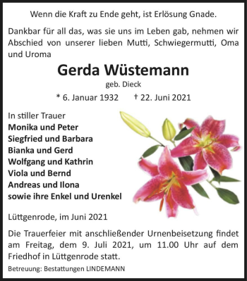 Traueranzeige von Gerda Wüstemann (geb. Dieck)  von Magdeburger Volksstimme