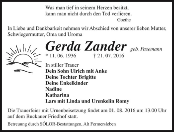 Traueranzeige von Gerda Zander (geb. Pasemann)  von Magdeburger Volksstimme