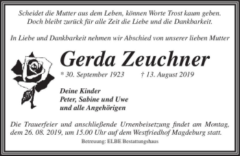 Traueranzeige von Gerda Zeuchner  von Magdeburger Volksstimme
