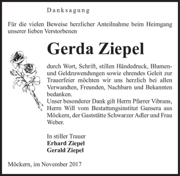 Traueranzeige von Gerda Ziepel  von Magdeburger Volksstimme