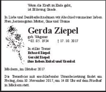 Traueranzeige von Gerda Ziepel (geb. Wagener)  von Magdeburger Volksstimme
