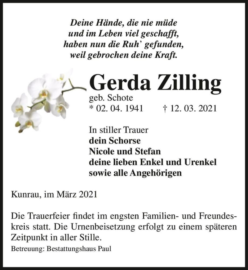  Traueranzeige für Gerda Zilling (geb. Schote)  vom 16.03.2021 aus Magdeburger Volksstimme