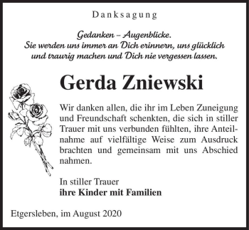 Traueranzeige von Gerda Zniewski  von Magdeburger Volksstimme