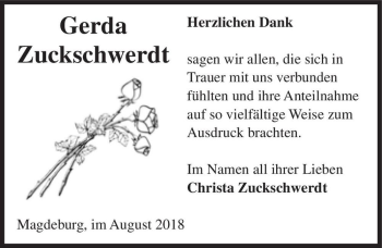 Traueranzeige von Gerda Zuckschwerdt  von Magdeburger Volksstimme