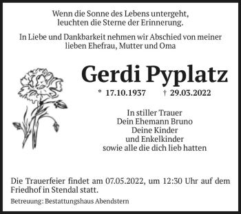 Traueranzeige von Gerdi Pyplatz  von Magdeburger Volksstimme