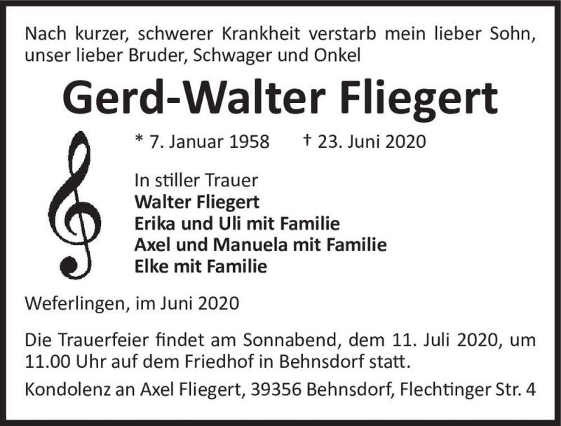  Traueranzeige für Gerdt-Walter Fliegert  vom 27.06.2020 aus Magdeburger Volksstimme