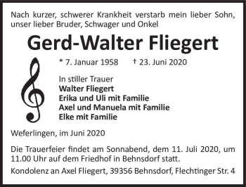 Traueranzeige von Gerdt-Walter Fliegert  von Magdeburger Volksstimme