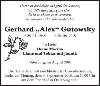 Traueranzeige von Gerhard ,,Alex