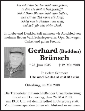 Traueranzeige von Gerhard (Bodden) Brünsch  von Magdeburger Volksstimme