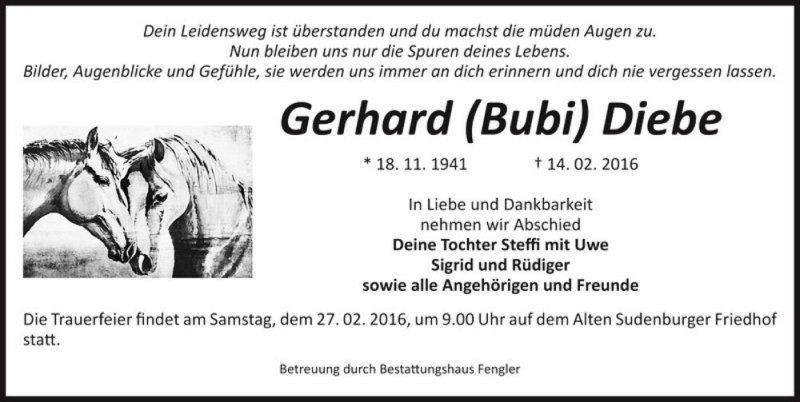  Traueranzeige für Gerhard (Bubi) Diebe  vom 20.02.2016 aus Magdeburger Volksstimme