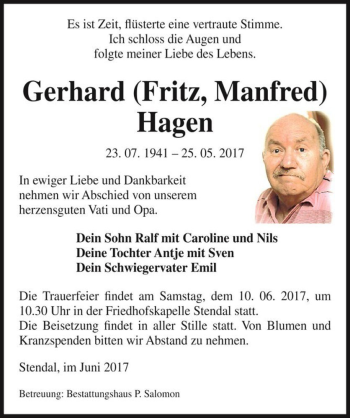 Traueranzeige von Gerhard (Fritz, Manfred) Hagen  von Magdeburger Volksstimme