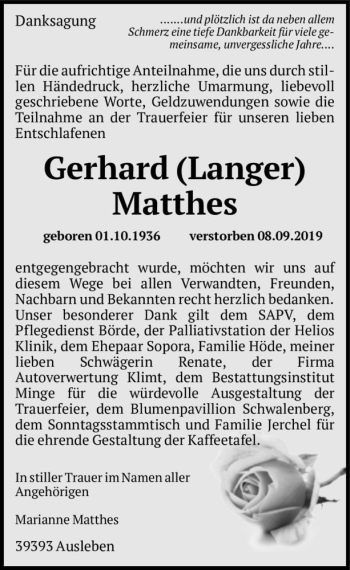 Traueranzeige von Gerhard (Langer) Matthes  von Magdeburger Volksstimme
