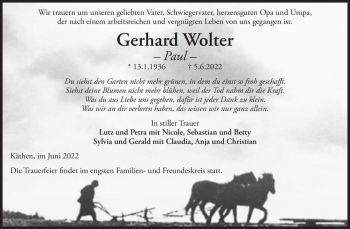 Traueranzeige von Gerhard -Paul- Wolter  von Magdeburger Volksstimme