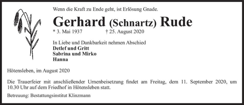  Traueranzeige für Gerhard (Schnartz) Rude  vom 29.08.2020 aus Magdeburger Volksstimme