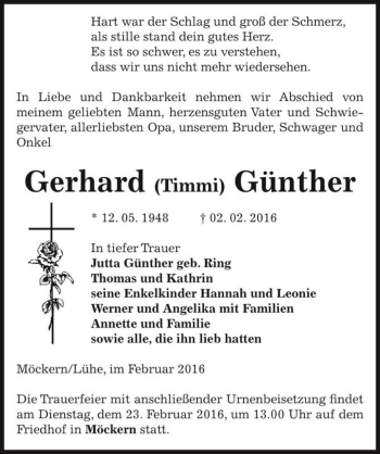 Traueranzeige von Gerhard (Timmi) Günther  von Magdeburger Volksstimme