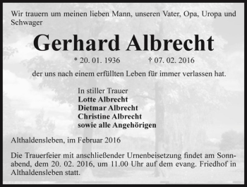 Traueranzeige von Gerhard Albrecht  von Magdeburger Volksstimme