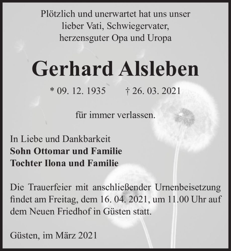  Traueranzeige für Gerhard Alsleben  vom 03.04.2021 aus Magdeburger Volksstimme