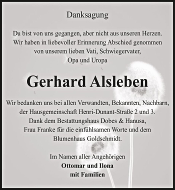 Traueranzeige von Gerhard Alsleben  von Magdeburger Volksstimme