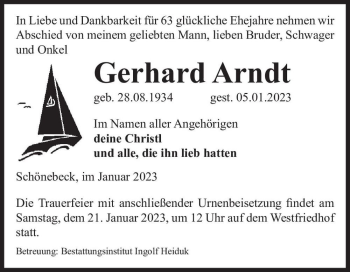 Traueranzeige von Gerhard Arndt  von Magdeburger Volksstimme
