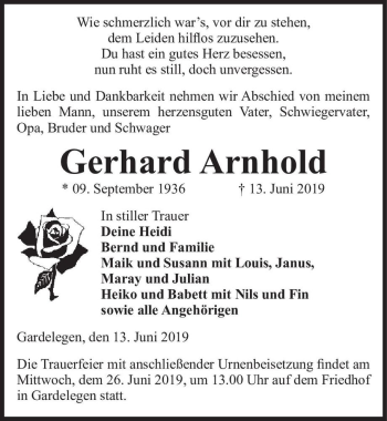 Traueranzeige von Gerhard Arnhold  von Magdeburger Volksstimme