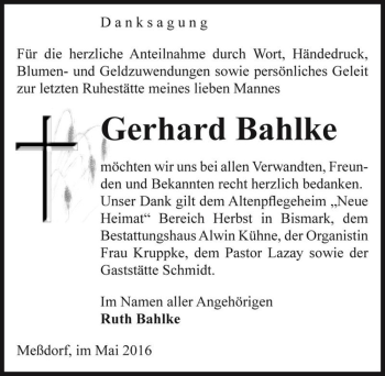 Traueranzeige von Gerhard Bahlke  von Magdeburger Volksstimme