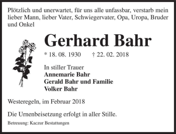 Traueranzeige von Gerhard Bahr  von Magdeburger Volksstimme