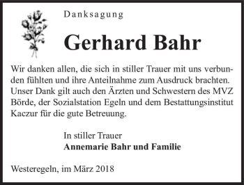 Traueranzeige von Gerhard Bahr  von Magdeburger Volksstimme
