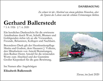 Traueranzeige von Gerhard Ballerstedt  von Magdeburger Volksstimme