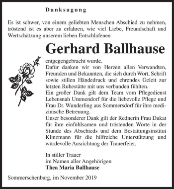 Traueranzeige von Gerhard Ballhause  von Magdeburger Volksstimme