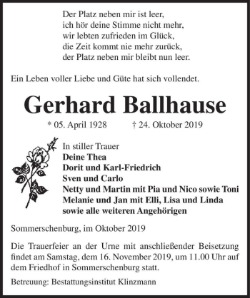 Traueranzeige von Gerhard Ballhause  von Magdeburger Volksstimme