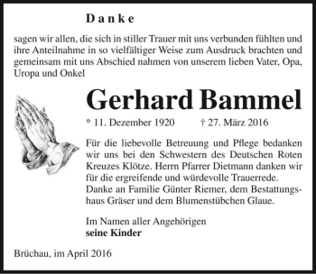 Traueranzeige von Gerhard Bammel  von Magdeburger Volksstimme
