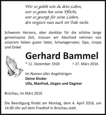 Traueranzeige von Gerhard Bammel  von Magdeburger Volksstimme