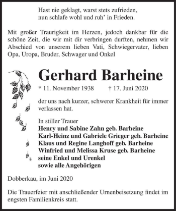 Traueranzeige von Gerhard Barheine  von Magdeburger Volksstimme