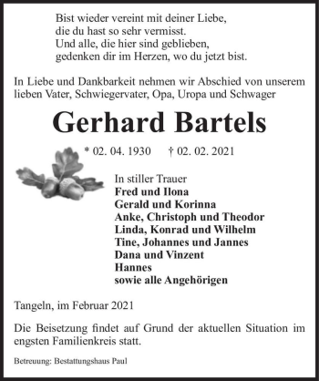 Traueranzeige von Gerhard Bartels  von Magdeburger Volksstimme