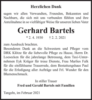 Traueranzeige von Gerhard Bartels  von Magdeburger Volksstimme