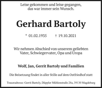 Traueranzeige von Gerhard Bartoly  von Magdeburger Volksstimme