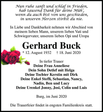 Traueranzeige von Gerhard Beck  von Magdeburger Volksstimme