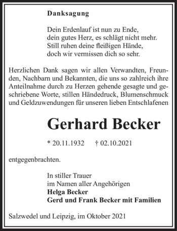Traueranzeige von Gerhard Becker  von Magdeburger Volksstimme