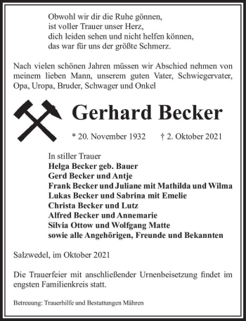Traueranzeige von Gerhard Becker  von Magdeburger Volksstimme