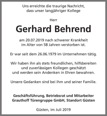 Traueranzeige von Gerhard Behrend  von Magdeburger Volksstimme