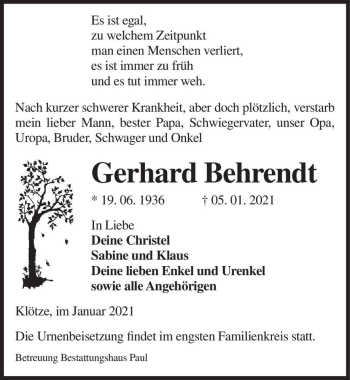 Traueranzeige von Gerhard Behrendt  von Magdeburger Volksstimme