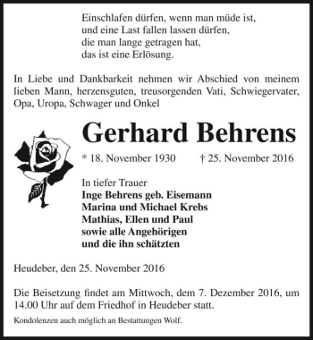 Traueranzeige von Gerhard Behrens  von Magdeburger Volksstimme