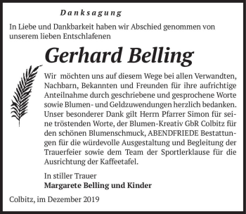 Traueranzeige von Gerhard Belling  von Magdeburger Volksstimme
