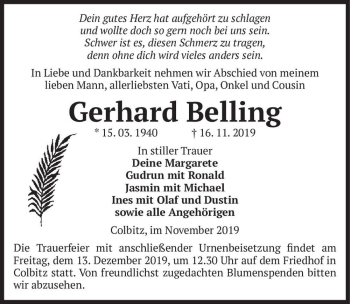 Traueranzeige von Gerhard Belling  von Magdeburger Volksstimme
