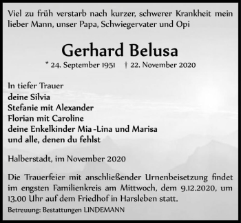 Traueranzeige von Gerhard Belusa  von Magdeburger Volksstimme