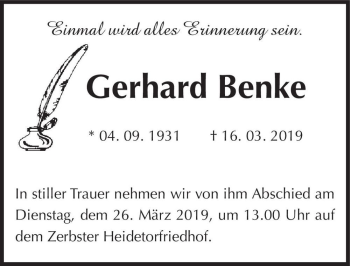 Traueranzeige von Gerhard Benke  von Magdeburger Volksstimme
