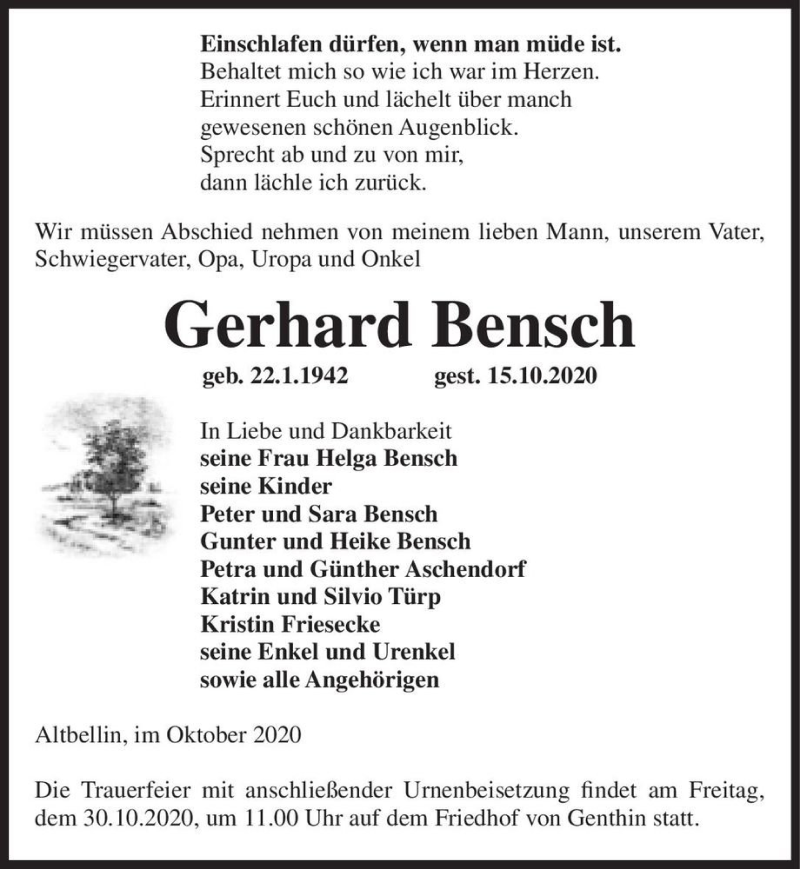  Traueranzeige für Gerhard Bensch  vom 24.10.2020 aus Magdeburger Volksstimme