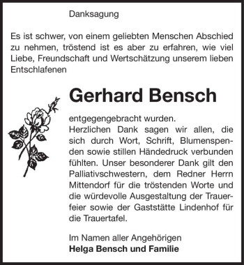 Traueranzeige von Gerhard Bensch  von Magdeburger Volksstimme
