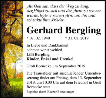 Traueranzeige von Gerhard Bergling  von Magdeburger Volksstimme