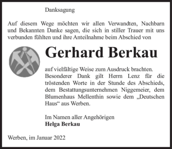 Traueranzeige von Gerhard Berkau  von Magdeburger Volksstimme